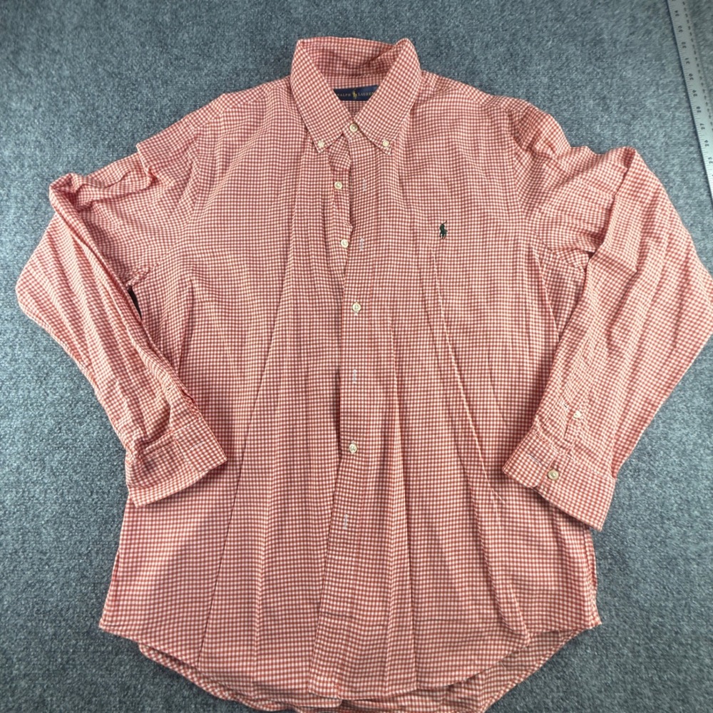 Ralph Lauren Mens Orange White Gingham Button Down Shirt Large Long Sleeve Pony